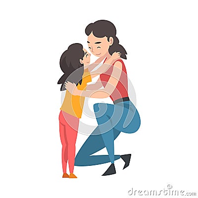 Mother squatted and hugs daughter cartoon vector illustration Vector Illustration