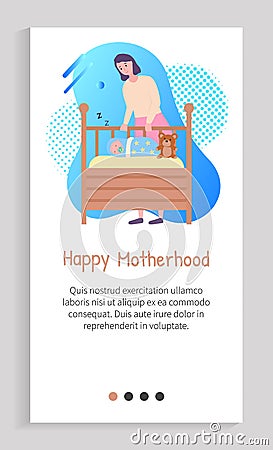 Mother Standing near Sleeping Baby Web Slider App Vector Illustration