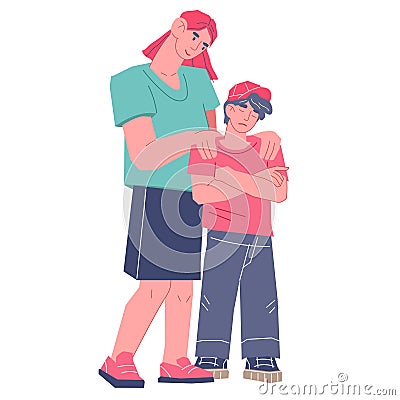 Mother supporting and comforting teen son, flat vector illustration isolated. Vector Illustration