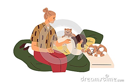 Mother supporting, comforting upset depressed kid daughter. Mom caring about sad child, lying in bed with problems Vector Illustration