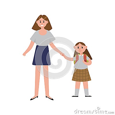 Mother taking her daughter to school cartoon characters, happy mom with her child vector Illustration Vector Illustration