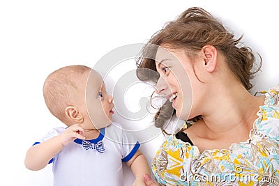 Mother talks with her baby boy Stock Photo