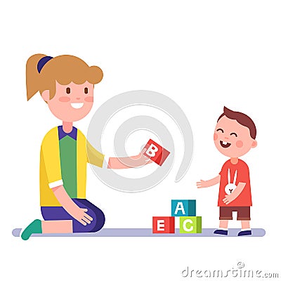 Mother or teacher teaching a child alphabet Vector Illustration