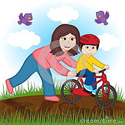 Mother teaches a child to ride a bike Vector Illustration