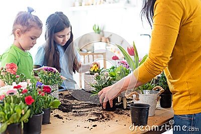 Mother teaches kids to take care of flowers and plants Stock Photo