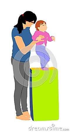 Mother teaching baby to walk, vector. Kindergarten teacher nanny working with kid. Vector Illustration