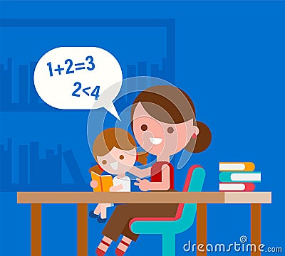 Mother teaching basic math to her little daughter Vector Illustration