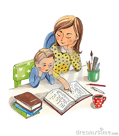 Mother teaching her little son. Home education Cartoon Illustration