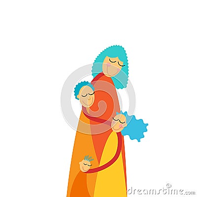 Mother Three Children, Boys Girl Embrace Vector Illustration