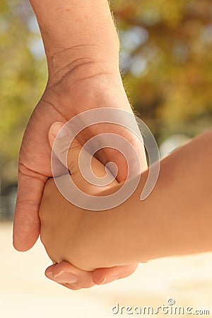 Mother and toddler son holding hands outdoor while walking to park, parental love and closeness with child Stock Photo
