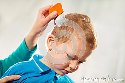 Mother treating son's hair against lice Stock Photo