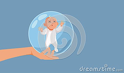 Overprotective Parent Holding the Baby in a Bubble in her Hand Vector Cartoon Vector Illustration