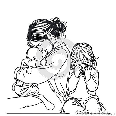 Mother with two crying children. Sketch. Motherhood Vector Illustration