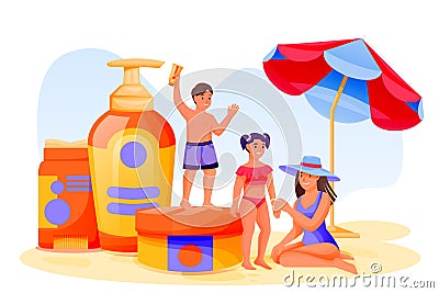 Mother and two kids use sunblock cosmetic. Summer face and body solar protection. Vector characters illustration Vector Illustration