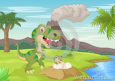 Mother tyrannosaurus with baby hatching Vector Illustration