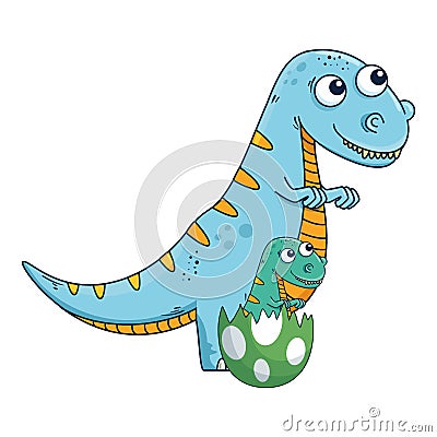 mother tyrannosaurus rex with baby breaking the shell egg Cartoon Illustration