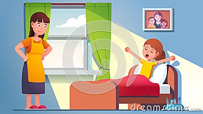 Mother waking daughter kid who is yawning Vector Illustration