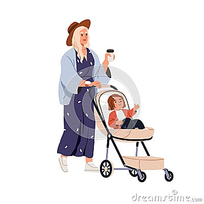 Mother walking with baby, child in pram. Modern happy woman mom drinking coffee, strolling with cute girl kid in Vector Illustration