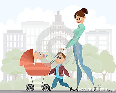 Mother walking with children Vector Illustration