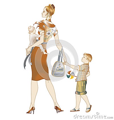 Mother walking with her childrens Vector Illustration