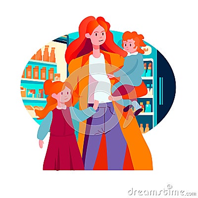 mother walking with her little daughters loving family parenthood childcare concept mothers day card template Vector Illustration