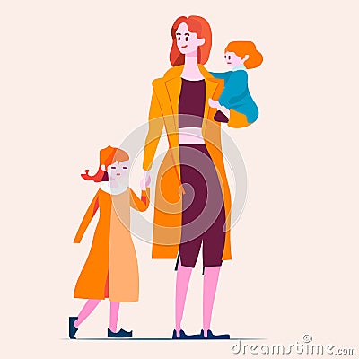 mother walking with her little daughters loving family parenthood childcare concept mothers day card template Vector Illustration