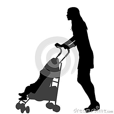 Mother walking while pushing a stroller Vector Illustration