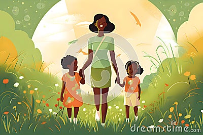 Mother walks with children, Mother's Day, Generative AI Stock Photo