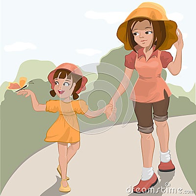 Mother walks with her daughter in the park Vector Illustration