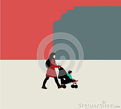 Mother walks with a stroller in a city park. Travel During Pandemic Concept. Vector Illustration
