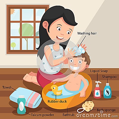 Mother washing her child s hair with love illustration Vector Illustration