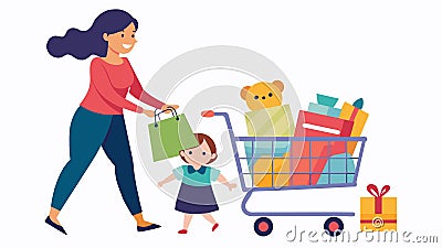 A mother wheels a cart filled with clothing toys and other goodies at a childrens consignment sale happy to cross items Vector Illustration