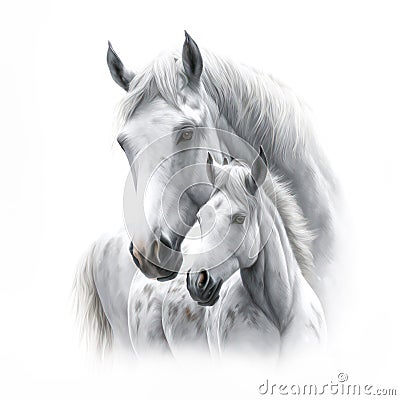 Mother white horse and her baby foal. Illustration for Mothers Day and spring. Stock Photo