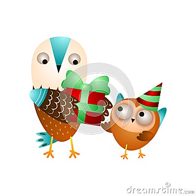 Mother wild owl gives gift box at son birthday Vector Illustration