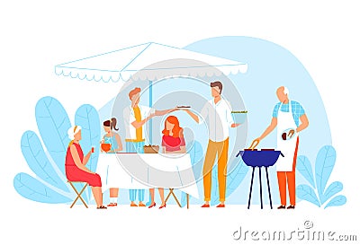 Mother woman with father, grandmother and grandfather senior, daughter girl at barbecue outdoors, vector illustration Vector Illustration