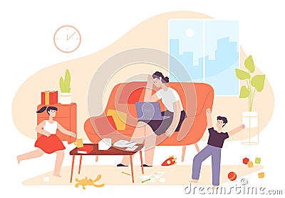 Mother work from home. Hyperactive kids and tired mom with laptop in messy room. Freelance woman with children. Parent Vector Illustration