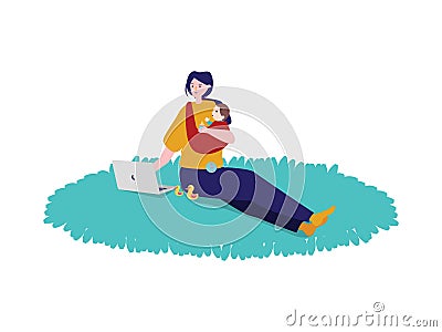 Mother work from home wireless communication distance job with take care little baby sweet cute adorable Vector Illustration