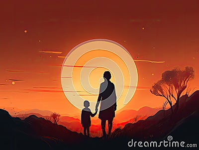 A Mother Holding Her Sons Hand While Taking a Sunset Stroll. Ai Generated Stock Photo