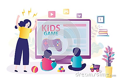 Mother yells at children because of constant playing of video games. KIds are addicted to computer games. Cyber addiction, concept Vector Illustration