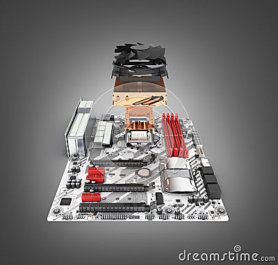 Motherboard complete with processor and cooling system in disassembled form isolated on black gradient background 3d render Stock Photo