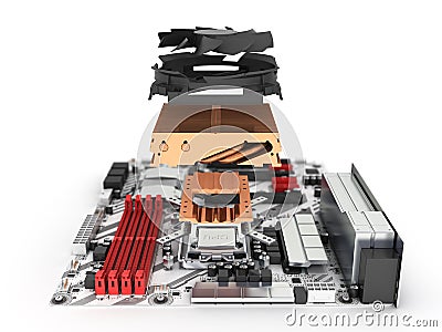 Motherboard complete with processor and cooling system in disassembled form isolated on white background 3d render with blur Stock Photo