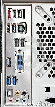Motherboard connectors on back of computer Stock Photo