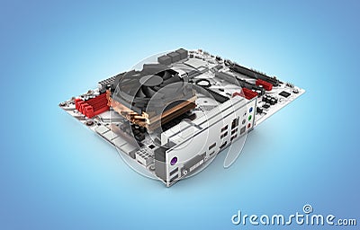 Motherboard with cooling system realistic chips and slots isolated on blue gradient background 3d render Stock Photo