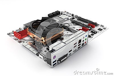 Motherboard with cooling system realistic chips and slots isolated on white background 3d render Stock Photo