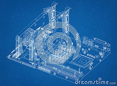 Motherboard and Graphic Cards Architect Blueprint Stock Photo