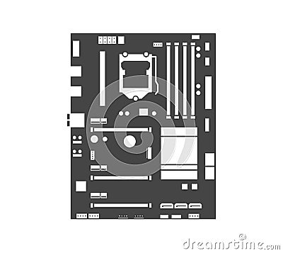 Motherboard icon. Computer hardware equipment. Chip board with microchips, semiconductor tracks. Vector Illustration