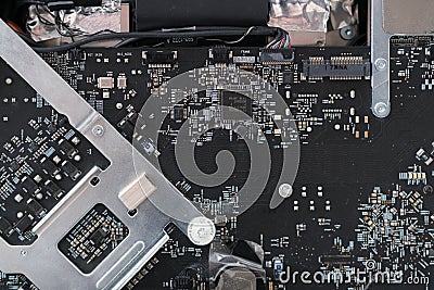 Motherboard inside a computer close-up. Stock Photo