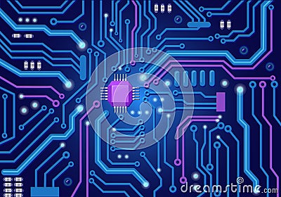 Motherboard pcb background. Circuit board texture, computer digital system blueprint, processor microchip electrical pcb Vector Illustration