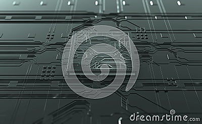 Motherboard, processor, CPU, quantum computer 3D illustration. High tech and cyber technology in global digital space Cartoon Illustration