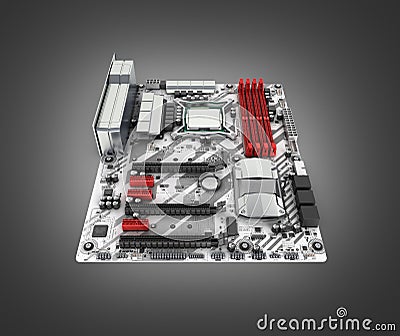 Motherboard with realistic chips and slots isolated on black gradient background 3d render Stock Photo